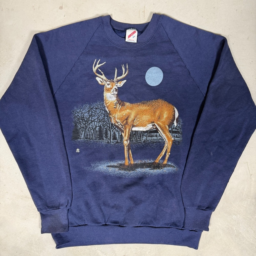 Vintage 90s Jerzees Deer Graphic Sweatshirt Mens Large Blue Made in USA Buck